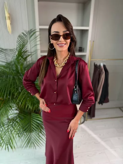 Bordo Gold Düğmeli Zara Tok Saten Gömlek