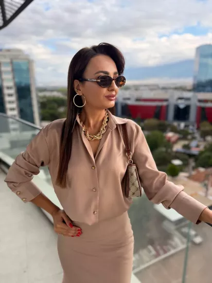 Vizon Gold Düğmeli Zara Tok Saten Gömlek