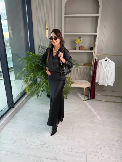 Siyah Zara Tok Saten Beli Lastikli Etek