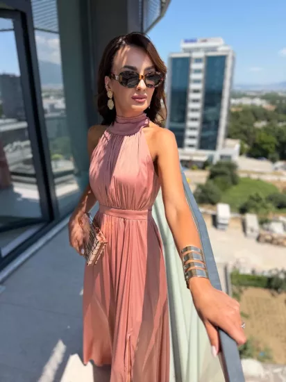 Pudra Gül Kurusu Tasarım Lüks Kalite Astarlı Saten Elbise
