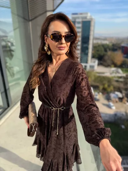 Kahverengi Kemeri Flok Baskılı Lüks Kalite Astarlı Şifon Elbise