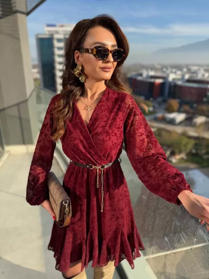 Bordo Kemeri Flok Baskılı Lüks Kalite Astarlı Şifon Elbise