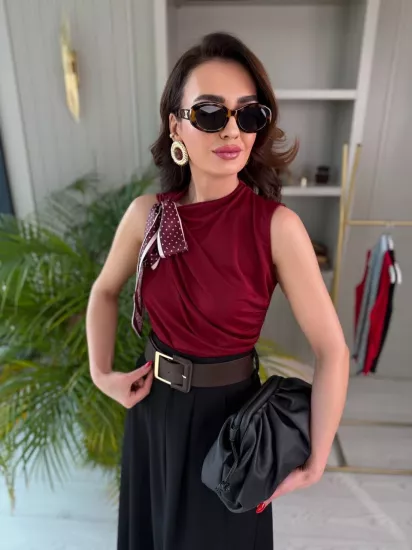 Bordo Fular Detaylı Likralı Bluz