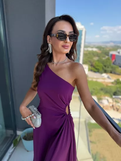 Mor Bel Pencereli Dubai Saten Kumaş Elbise