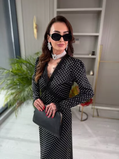 Tasarım Siyah Puantiyeli Tok Saten Sırt Detay Elbise