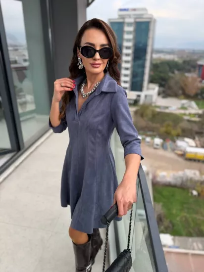 Mavi Yaka Detay Nubuk Süet Elbise