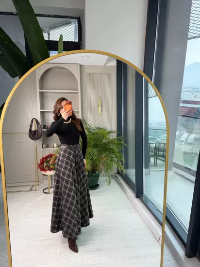 Kahverengi Ekose Desenli Kemerli Lüks Kalite Çan Etek