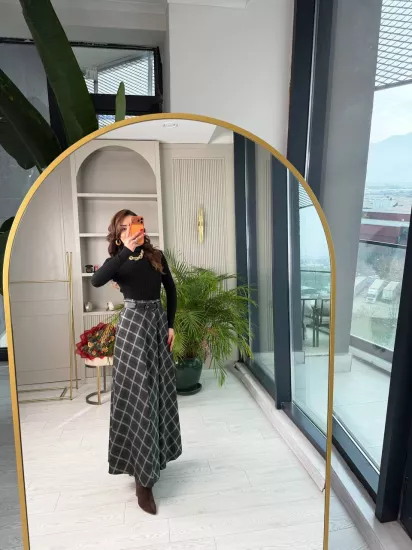 Gri Ekose Desenli Kemerli Lüks Kalite Çan Etek