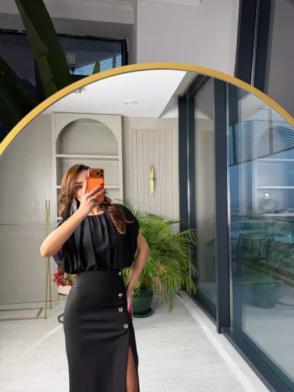 Siyah Zara Model Likralı Çelik Kumaş Düğme Detay Kalem Etek