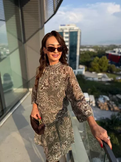 Haki Yeşil Desenli Astarlı Premium Şifon Elbise