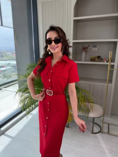 Kırmızı Kemerli Zara Model Double Kumaş Elbise