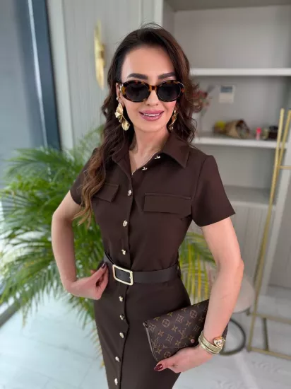 Kahverengi Kemerli Zara Model Double Kumaş Elbise