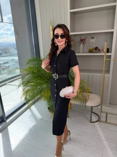 Siyah Kemerli Zara Model Double Kumaş Elbise