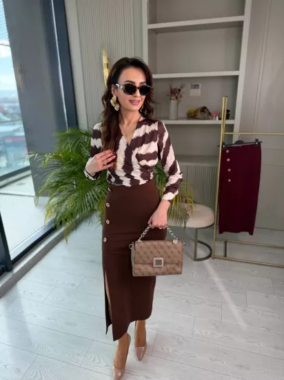 Kahverengi Zara Model Likralı Çelik Kumaş Düğme Detay Kalem Etek