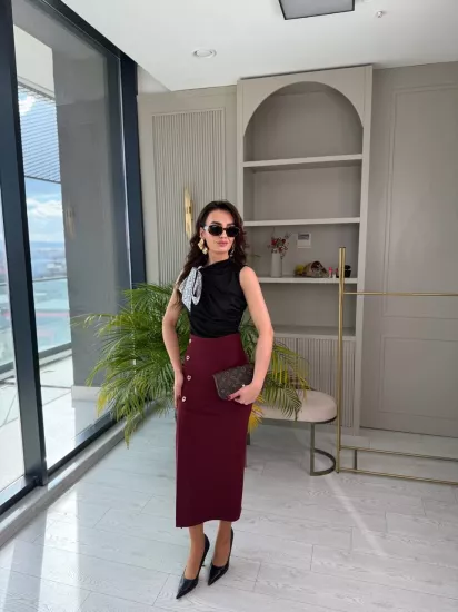 Bordo Zara Model Likralı Çelik Kumaş Düğme Detay Kalem Etek