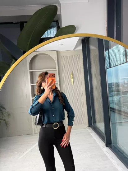 Petrol Mavi Gold Düğmeli Zara Tok Saten Gömlek