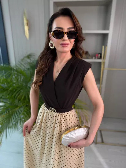 Kahve Bej Puantiye Desen Astarlı Kemerli Elbise