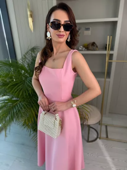 Barbie Pembe Kuşak Detaylı Double Krep Kumaş Çan Elbise