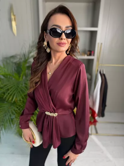 Bordo Lüks Kalite Bel Detay Tok Saten Bluz