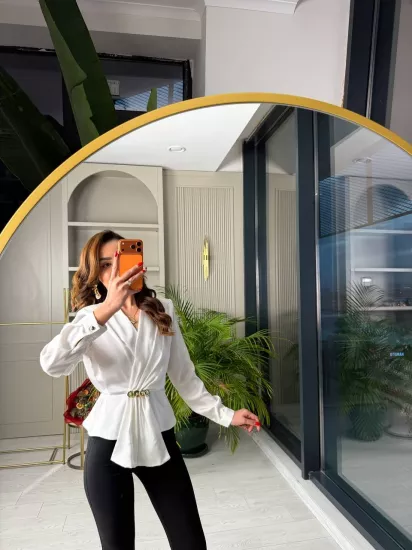 Ekru Lüks Kalite Bel Detay Tok Saten Bluz