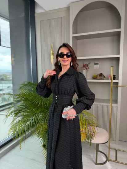 Siyah Tasarım %100 Pamuklu Kuşak Detaylı Astarlı Brode Elbise