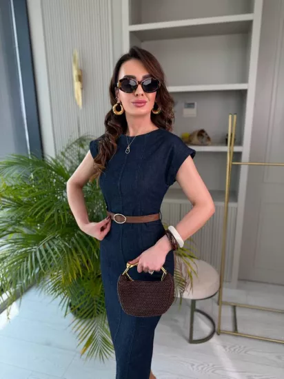 Koyu Mavi Kemerli Yumuşak Jean Kumaş Elbise