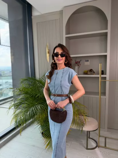 Açık Mavi Kemerli Yumuşak Jean Kumaş Elbise