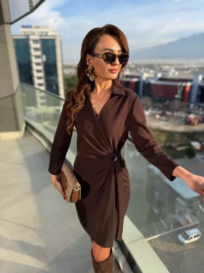 Kahverengi Kruvaze Bel Detaylı Double Krep Kumaş Elbise