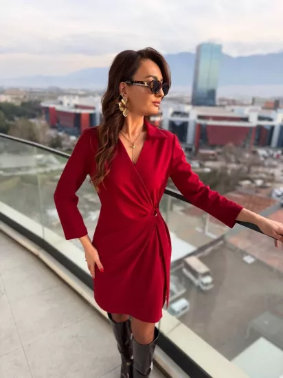 Bordo Kruvaze Bel Detaylı Double Krep Kumaş Elbise