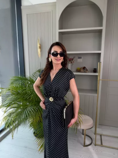 Siyah Puantiyeli Lüks Kalite Tok Saten Elbise