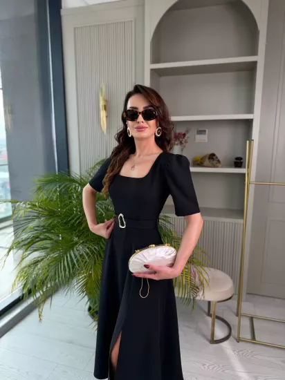 Siyah Kare Yaka Double Krep Kumaş Çan Elbise