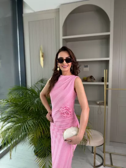 Barbie Pembe Gül Broş Detaylı Astarlı Dantel Elbise