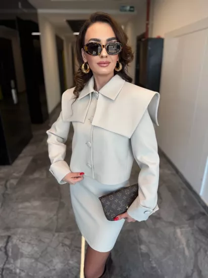 Taş Rengi Tasarım Omuz Detay Premium Etek Ceket Takım