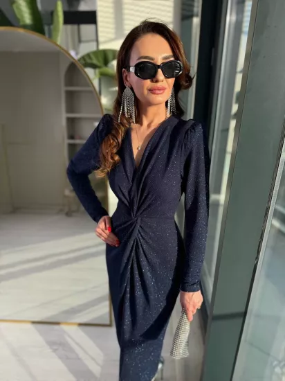 Lacivert Düğüm Detaylı Işıltılı Kumaş Likralı Elbise