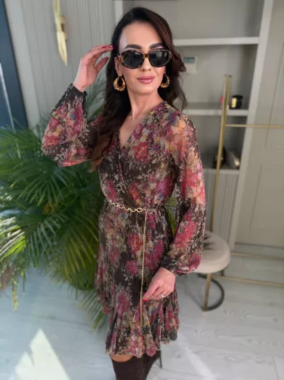 Simli Rose Kemerli Astarlı Elbise