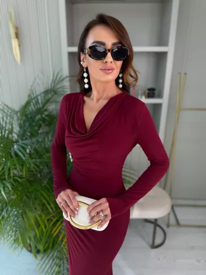 Bordo Zara Model Broşlu İthal Likralı Cendy Kumaş Elbise