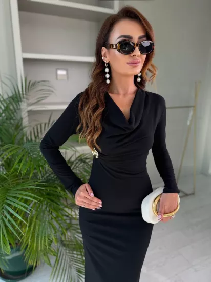 Siyah Zara Model Broşlu İthal Likralı Cendy Kumaş Elbise