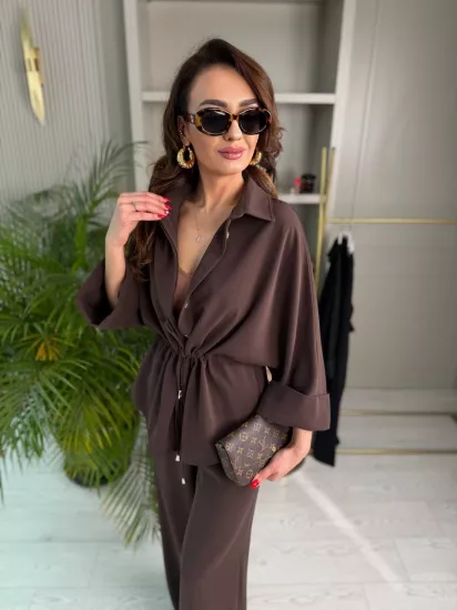 Kahverengi İpekli Krep Kumaş Lüks Kalite Takım