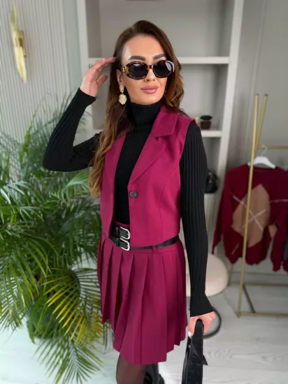 Bordo Kemerli Poliviskon Kumaş Etek Yelek Takım