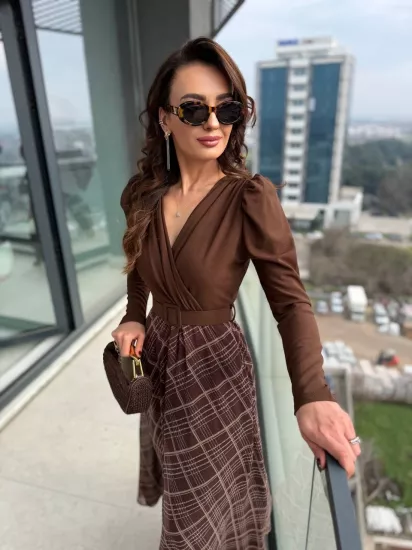 Kahverengi Ekose Desen Kemerli Astarlı Elbise