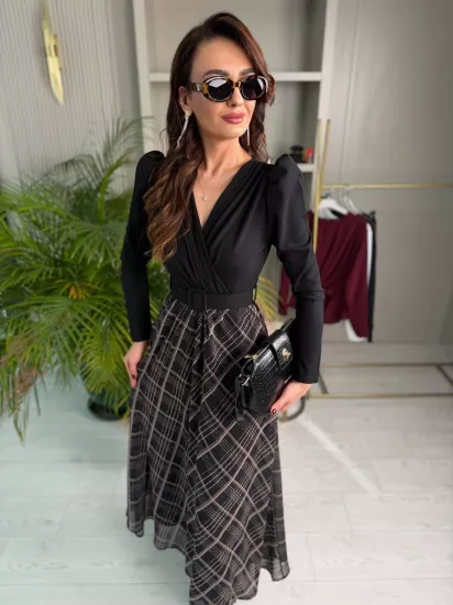 Siyah Ekose Desen Kemerli Astarlı Elbise