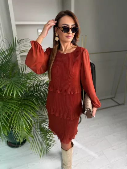 Kiremit Piliseli Katlı Astarlı Uzun Kol Premium Şifon Elbise