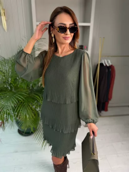 Haki Piliseli Katlı Astarlı Uzun Kol Premium Şifon Elbise