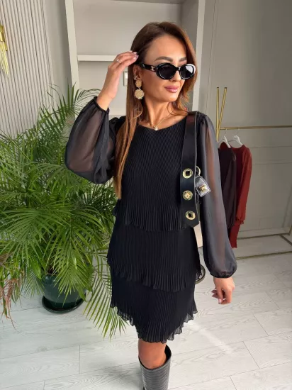 Siyah Piliseli Katlı Astarlı Uzun Kol Premium Şifon Elbise