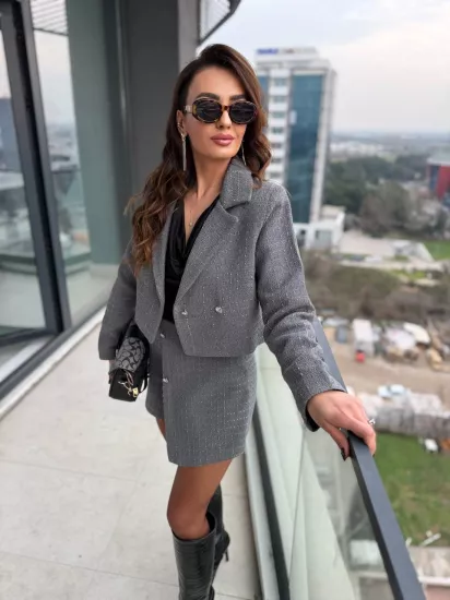 Gri Tuvid Kumaş Şort Etek Ceket Takım