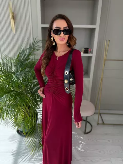 Tasarım Bordo Vatkalı Maxi Boy İthal Likralı Candy Kumaş Elbise