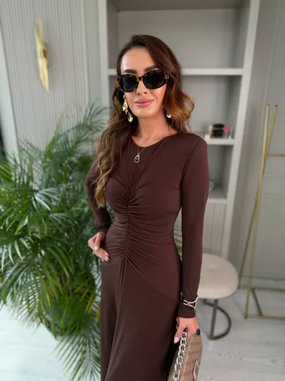 Tasarım Kahverengi Vatkalı Maxi Boy İthal Likralı Candy Kumaş Elbise