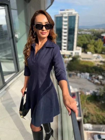 Lacivert  Yaka Detay Nubuk Süet Elbise