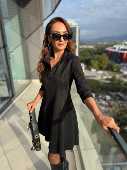 Siyah Yaka Detay Nubuk Süet Elbise