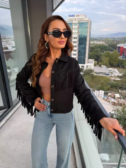 Siyah Püsküllü Nubuk Süet Ceket